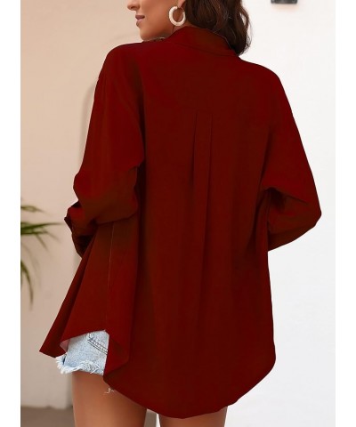 Womens Button Down Collared Shirts Long Sleeve Blouses Oversized Causal Tops with Pocket Wine Red $12.03 Blouses