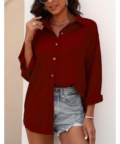 Womens Button Down Collared Shirts Long Sleeve Blouses Oversized Causal Tops with Pocket Wine Red $12.03 Blouses