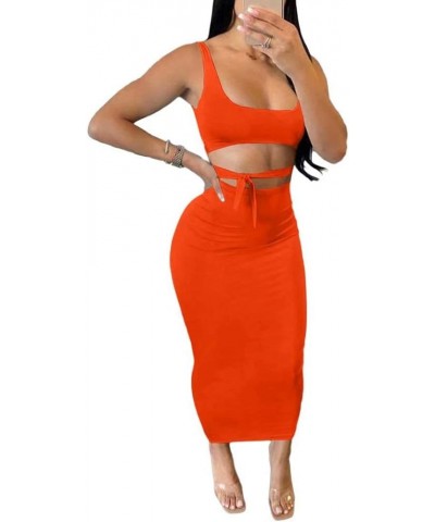 Womens Sexy 2 Piece Midi Dress Outfits - Sleeveless Tie Dye Print Tank Crop Top Bodycon Skirts Set 161 Orange Red $18.06 Dresses