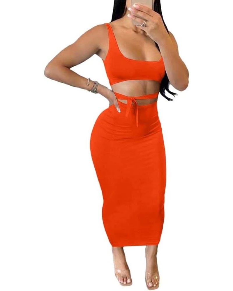 Womens Sexy 2 Piece Midi Dress Outfits - Sleeveless Tie Dye Print Tank Crop Top Bodycon Skirts Set 161 Orange Red $18.06 Dresses