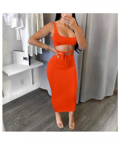 Womens Sexy 2 Piece Midi Dress Outfits - Sleeveless Tie Dye Print Tank Crop Top Bodycon Skirts Set 161 Orange Red $18.06 Dresses