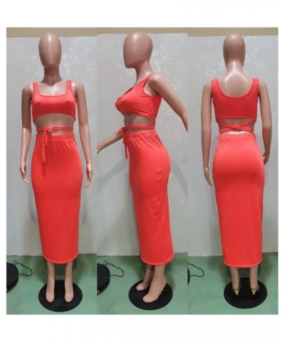 Womens Sexy 2 Piece Midi Dress Outfits - Sleeveless Tie Dye Print Tank Crop Top Bodycon Skirts Set 161 Orange Red $18.06 Dresses