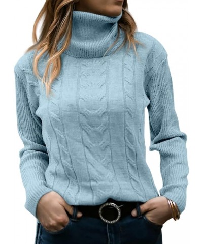 Womens' Turtleneck Long Sleeve Cable Knit Sweaters Light Blue $18.00 Sweaters