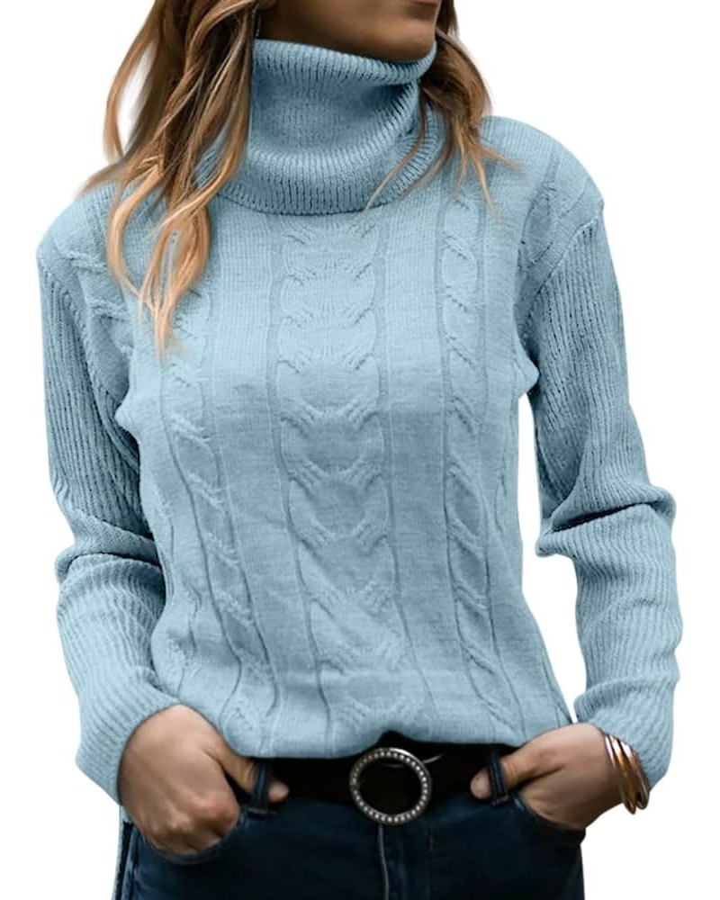 Womens' Turtleneck Long Sleeve Cable Knit Sweaters Light Blue $18.00 Sweaters