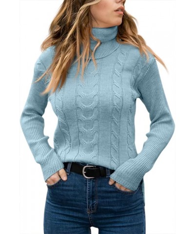 Womens' Turtleneck Long Sleeve Cable Knit Sweaters Light Blue $18.00 Sweaters