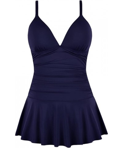 Women's Swim Dress V Neck One Piece Swimsuits Tummy Control Bathing Suits with Skirt Shirred Swimdress with Brief Navy $20.16...