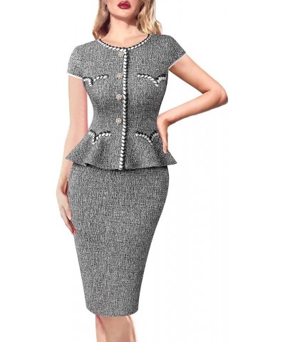 Womens Tweed Buttons Peplum Work Office Business Bodycon Crew Neck Braided Trim Patchwork Slim Career Pencil Dress Black Twee...