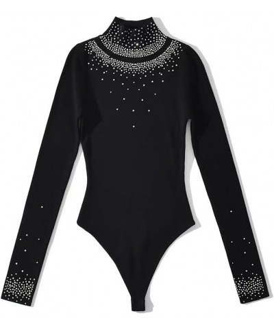 Women Long Sleeve One-pieces Knitted Stretchable Slim Rhinestone Stand Collar Bodysuit Rave Festival Clothing Black $20.34 Bo...