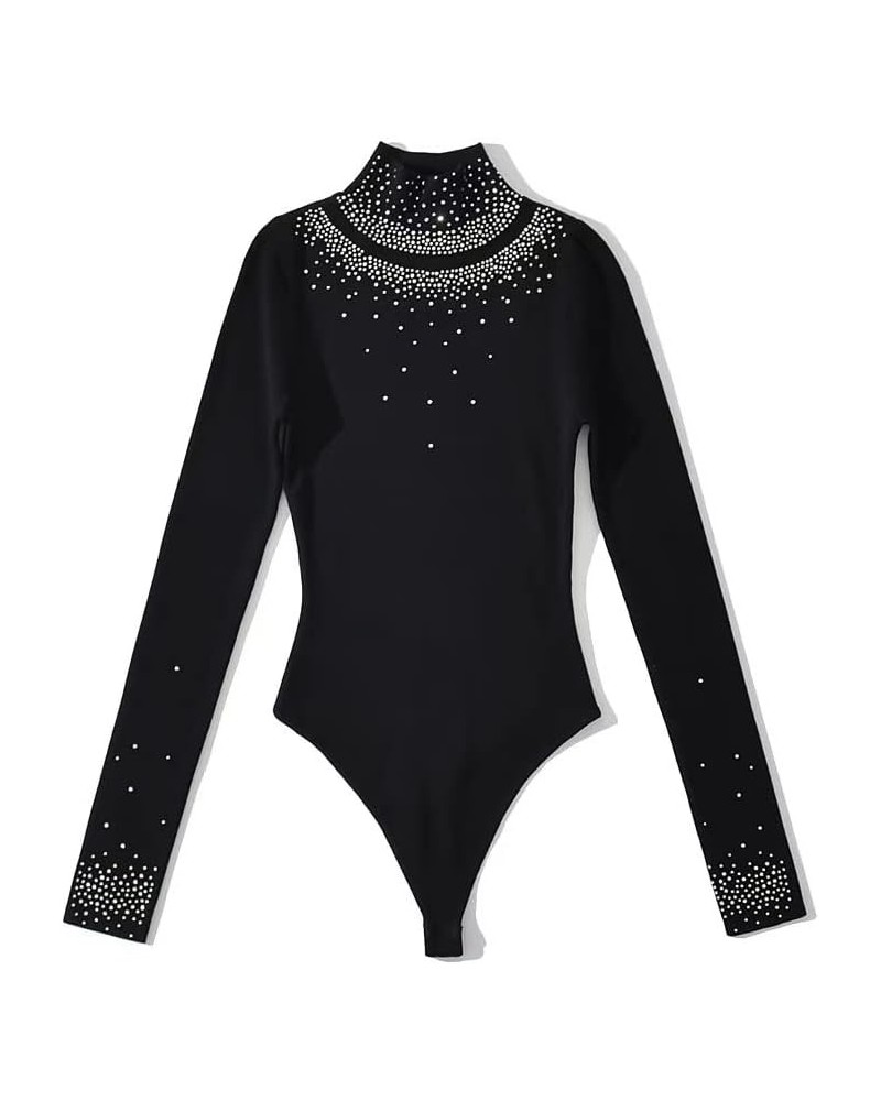 Women Long Sleeve One-pieces Knitted Stretchable Slim Rhinestone Stand Collar Bodysuit Rave Festival Clothing Black $20.34 Bo...