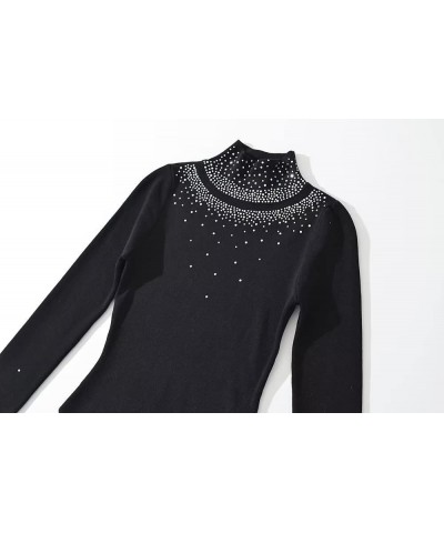 Women Long Sleeve One-pieces Knitted Stretchable Slim Rhinestone Stand Collar Bodysuit Rave Festival Clothing Black $20.34 Bo...