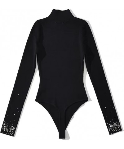 Women Long Sleeve One-pieces Knitted Stretchable Slim Rhinestone Stand Collar Bodysuit Rave Festival Clothing Black $20.34 Bo...