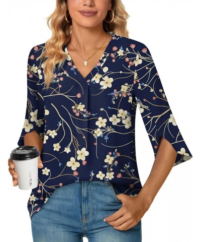 Womens Summer 3/4 Sleeve Plus Size Chiffon Blouse Dressy Top V Neck Tunic Casual Work Shirt Navy Blue Winter Fl-3/4 Sleeve $1...