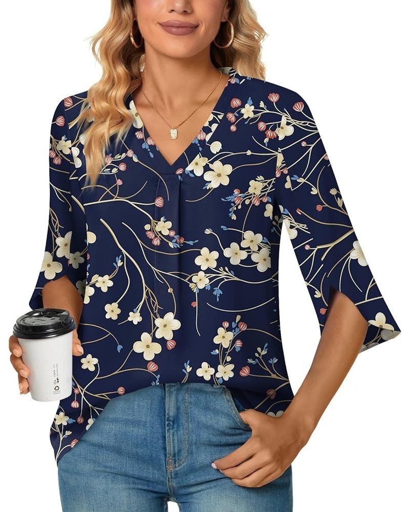 Womens Summer 3/4 Sleeve Plus Size Chiffon Blouse Dressy Top V Neck Tunic Casual Work Shirt Navy Blue Winter Fl-3/4 Sleeve $1...