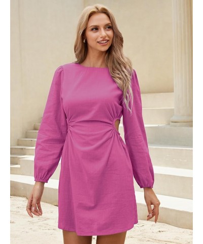 Womens 2023 Fall Cotton Linen Cutout Short Long Sleeves Mini Dresses Hot Pink $12.73 Dresses