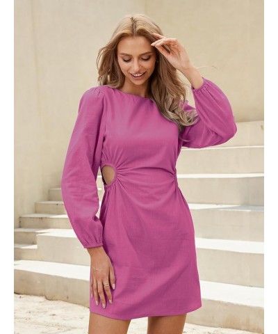 Womens 2023 Fall Cotton Linen Cutout Short Long Sleeves Mini Dresses Hot Pink $12.73 Dresses