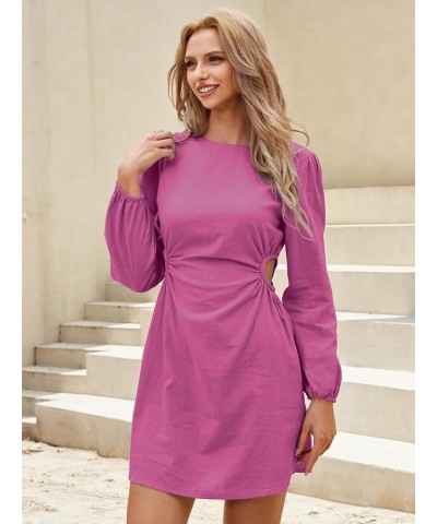 Womens 2023 Fall Cotton Linen Cutout Short Long Sleeves Mini Dresses Hot Pink $12.73 Dresses