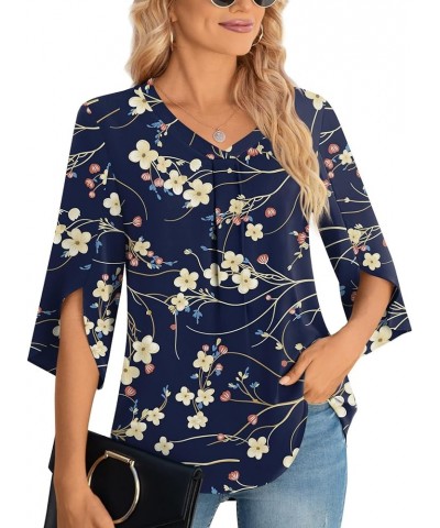 Womens Summer 3/4 Sleeve Plus Size Chiffon Blouse Dressy Top V Neck Tunic Casual Work Shirt Navy Blue Winter Fl-3/4 Sleeve $1...