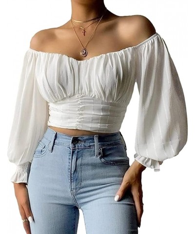 Womens Elegant Off The Shoulder Puff Sleeve Blouse Summer Chiffon Slim Fit Party Crop Top White $17.15 Blouses