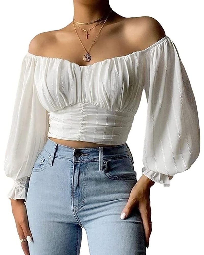 Womens Elegant Off The Shoulder Puff Sleeve Blouse Summer Chiffon Slim Fit Party Crop Top White $17.15 Blouses