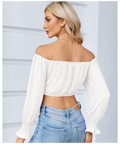 Womens Elegant Off The Shoulder Puff Sleeve Blouse Summer Chiffon Slim Fit Party Crop Top White $17.15 Blouses