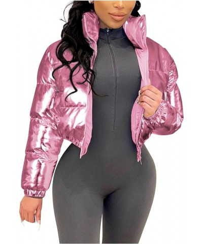 Womens Cropped Puffer Jacket Casual Fashion Metallic Texture Parkas Outerwear Zipper Long Sleeve Winter Bubble Coats Hot Pink...