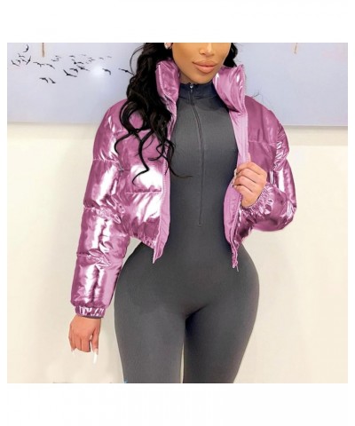 Womens Cropped Puffer Jacket Casual Fashion Metallic Texture Parkas Outerwear Zipper Long Sleeve Winter Bubble Coats Hot Pink...