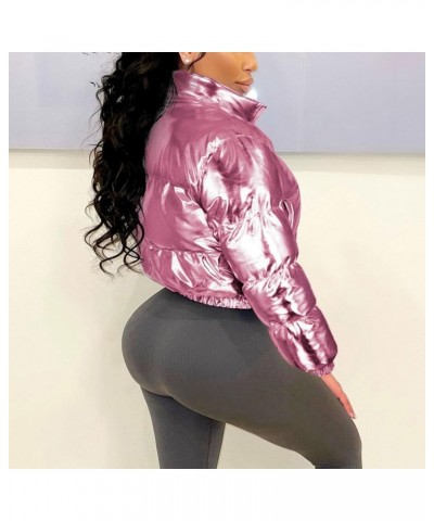 Womens Cropped Puffer Jacket Casual Fashion Metallic Texture Parkas Outerwear Zipper Long Sleeve Winter Bubble Coats Hot Pink...