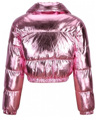 Womens Cropped Puffer Jacket Casual Fashion Metallic Texture Parkas Outerwear Zipper Long Sleeve Winter Bubble Coats Hot Pink...