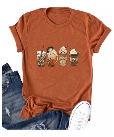 Pumpkin Spice Coffee Latte T Shirt Womens Fall Thanksgiving Graphic Tees Holiday Shirts Orange-2 $7.64 T-Shirts