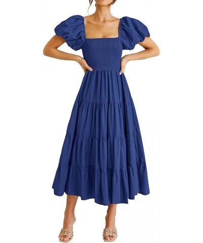 Women's Casual Summer Midi Dress Puffy Short Sleeve Square Neck Smocked Tiered Ruffle Dresses Blue $13.94 Dresses