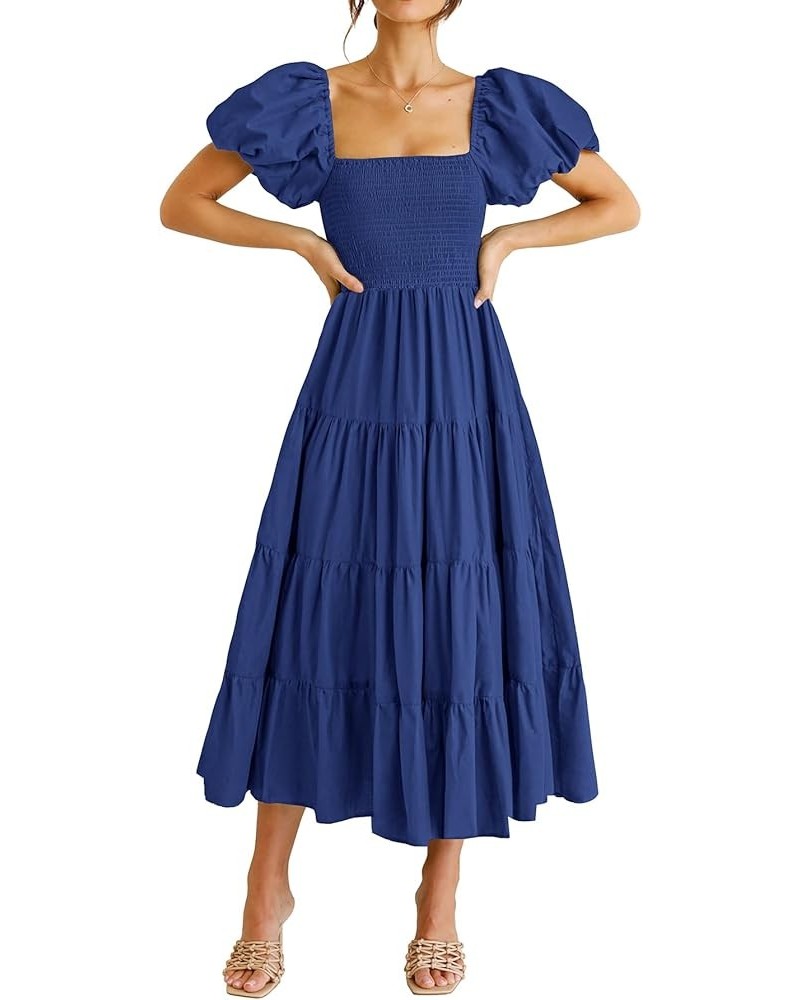 Women's Casual Summer Midi Dress Puffy Short Sleeve Square Neck Smocked Tiered Ruffle Dresses Blue $13.94 Dresses