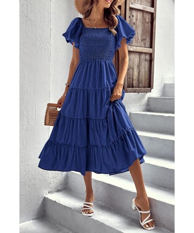 Women's Casual Summer Midi Dress Puffy Short Sleeve Square Neck Smocked Tiered Ruffle Dresses Blue $13.94 Dresses