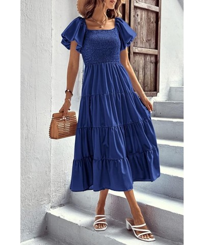 Women's Casual Summer Midi Dress Puffy Short Sleeve Square Neck Smocked Tiered Ruffle Dresses Blue $13.94 Dresses