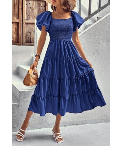 Women's Casual Summer Midi Dress Puffy Short Sleeve Square Neck Smocked Tiered Ruffle Dresses Blue $13.94 Dresses