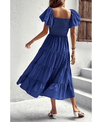 Women's Casual Summer Midi Dress Puffy Short Sleeve Square Neck Smocked Tiered Ruffle Dresses Blue $13.94 Dresses