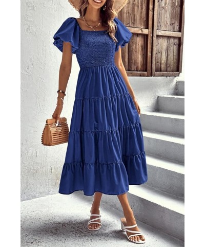 Women's Casual Summer Midi Dress Puffy Short Sleeve Square Neck Smocked Tiered Ruffle Dresses Blue $13.94 Dresses