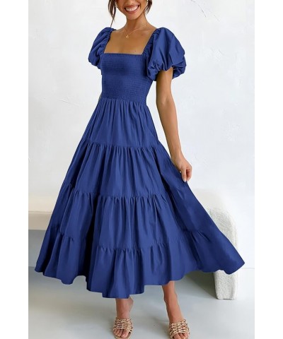 Women's Casual Summer Midi Dress Puffy Short Sleeve Square Neck Smocked Tiered Ruffle Dresses Blue $13.94 Dresses