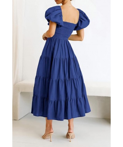 Women's Casual Summer Midi Dress Puffy Short Sleeve Square Neck Smocked Tiered Ruffle Dresses Blue $13.94 Dresses