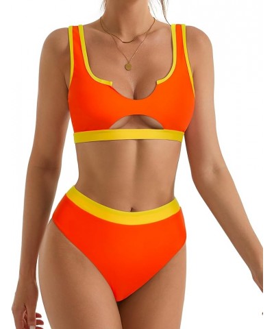 Women Cutout Bikini Sets Push Up High Waisted Swimsuits 2 Piece 68 Yellow Orange Color Block $19.92 Swimsuits