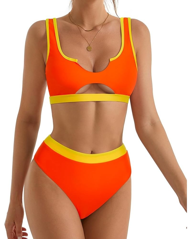 Women Cutout Bikini Sets Push Up High Waisted Swimsuits 2 Piece 68 Yellow Orange Color Block $19.92 Swimsuits