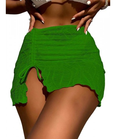 Women's Drawstring Front Split Hem Lettuce Trim Beach Cover Up Skirt Green $11.12 Swimsuits