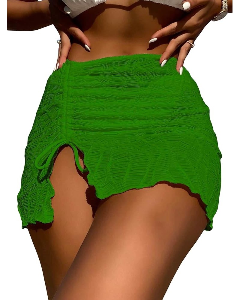 Women's Drawstring Front Split Hem Lettuce Trim Beach Cover Up Skirt Green $11.12 Swimsuits