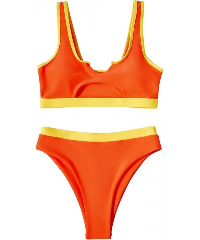 Women Cutout Bikini Sets Push Up High Waisted Swimsuits 2 Piece 68 Yellow Orange Color Block $19.92 Swimsuits