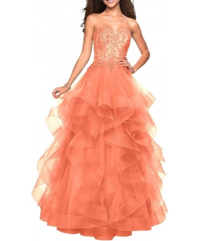 Long Sweetheart Prom Dresses A-Line Strapless Ball Gown Layered Tulle Evening Dress Floor Length Lace Party Dresses Coral $43...