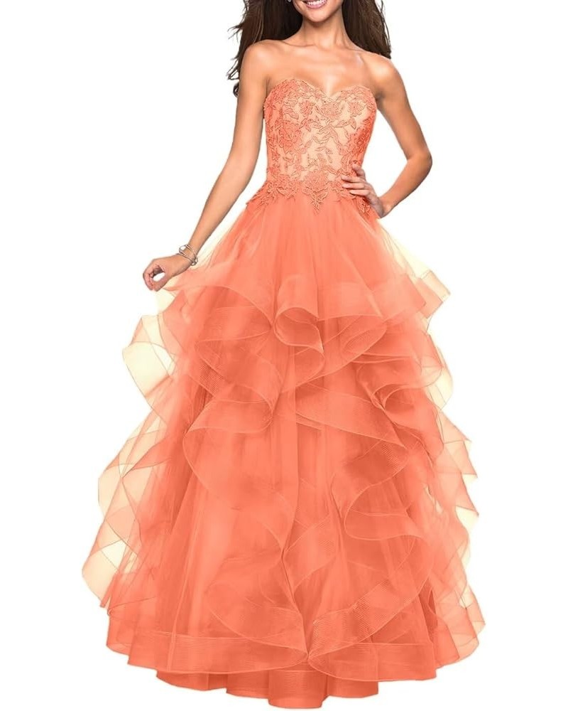 Long Sweetheart Prom Dresses A-Line Strapless Ball Gown Layered Tulle Evening Dress Floor Length Lace Party Dresses Coral $43...