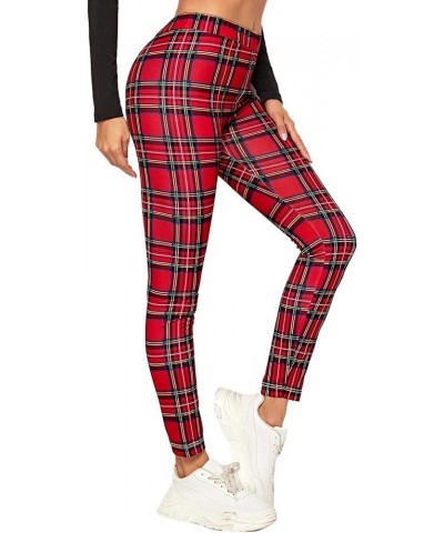 Women's Casual Plaid Leggings High Waist Skinny Stretchy Work Pants Red Plaid $17.09 Leggings