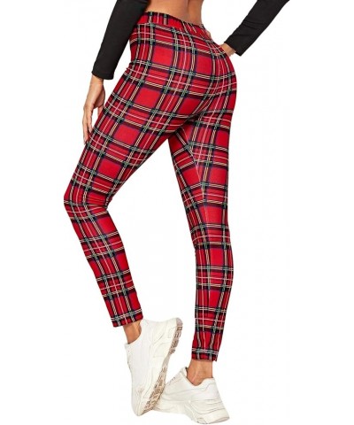 Women's Casual Plaid Leggings High Waist Skinny Stretchy Work Pants Red Plaid $17.09 Leggings