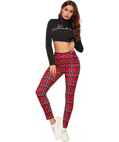 Women's Casual Plaid Leggings High Waist Skinny Stretchy Work Pants Red Plaid $17.09 Leggings