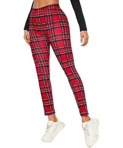 Women's Casual Plaid Leggings High Waist Skinny Stretchy Work Pants Red Plaid $17.09 Leggings