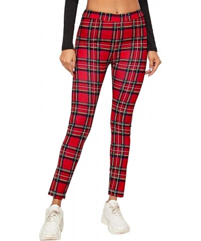 Women's Casual Plaid Leggings High Waist Skinny Stretchy Work Pants Red Plaid $17.09 Leggings